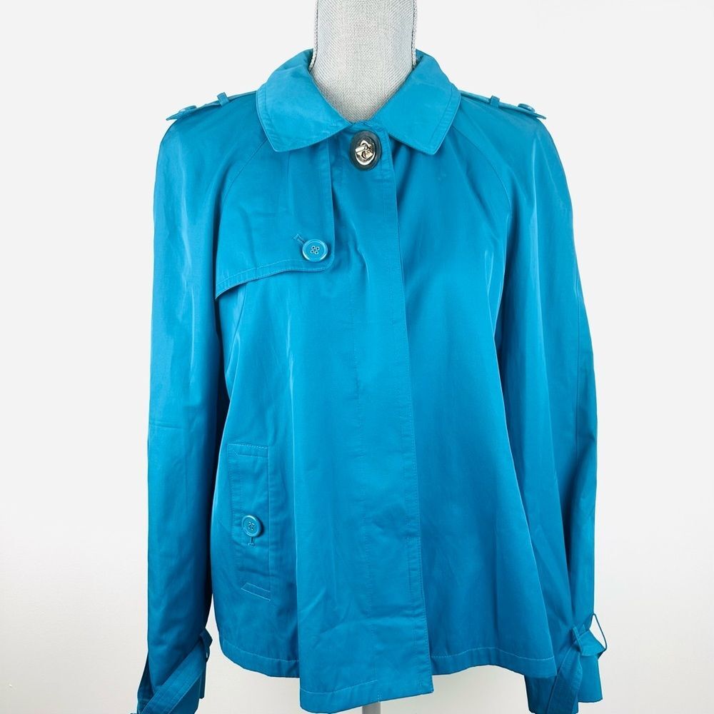 CharterClub SZ L Y2k Bright Blue Trench Coat Button Front Pockets Jacket Lined